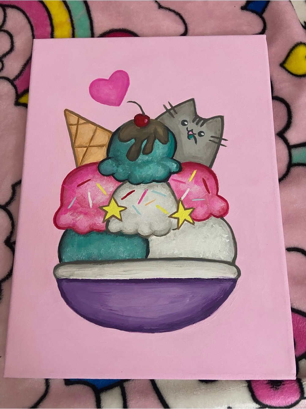 Pink Cute Cat & Ice Cream Canvas Art - Whimsical Home Wall Decor